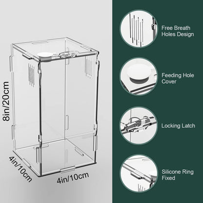 BETAZOOER Acrylic Mini Reptile Tank Habitat Transparent Terrariums with Locking Latch Suitable for Tarantula Isopod Roach Invertebrates (4''x4''x8'')