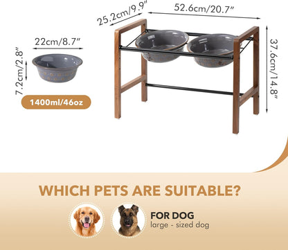 8.7inch Ceramic Adjustable Raised Double Bowls Set with Stand, 3 Heights Elevated, 2 Placement Options,Food and Water Dishes for Large Dog(Double Bowls+Stand, Reactived Glaze -Grey)