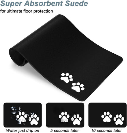 Rnivvi Dog Food Mat, 12" x 19" Footprint Absorbent Dog Cat Bowl Mat for Food and Water, Cute Anti-Slip Rubber Pet Feeding Rug Protect Floors, Puppy Placemat for Feeding & Watering Supplies, Black