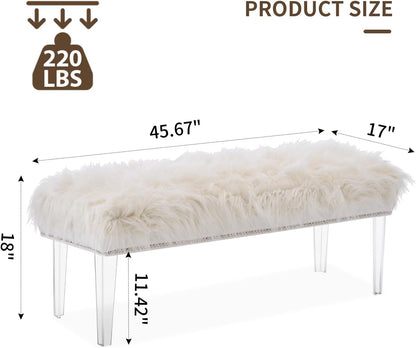 46 Inch White Bedroom Bench, Benches for Bedroom White Faux Fur Upholstered Bed end Bench, Tufting Ottoman Bench Indoor Bench with Acrylic Legs for Living Room Bedroom Entryway