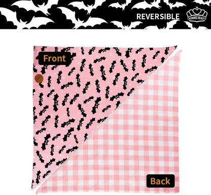 CROWNED BEAUTY Halloween Dog Bandanas Reversible Large 2 Pack, Ghost Bat Set, Buffalo Plaid Polka Dots Adjustable Triangle Scarves for Medium Large Extra Large Dogs Girl Boy Pets (Pink) DB76-L