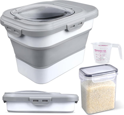 Rice Storage Container, Collapsible Airtight Food Storage Containers 6-20 Lbs, Rice Dispenser with Measuring Cup and Small Bin for Flour Cereal Pasta Grain, Cat Pet Dog Bird Food Container
