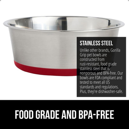 GORILLA GRIP Set of 2 Dog Bowls, Heavy Duty Metal Food and Water Bowl for Feeding Dogs and Cats, Dishwasher Safe, Rust Resistant Stainless Steel, BPA Free Rubber Base, Holds 1 Cup (8 fl oz), Red