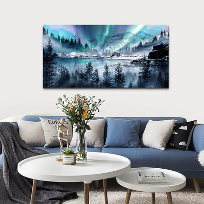 hyidecorart Large Wall Decorations For Office Canvas Wall Art For Living Room Stretched And Framed Canvas Prints Paintings Blue Aurora Scenery Wall Pictures Artwork Ready To Hang Hotel Mural 48x24