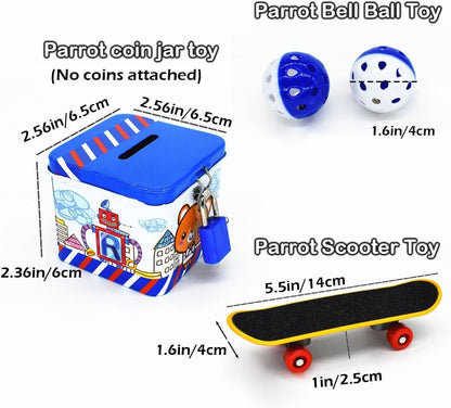 6pcs Interactive Puzzle Toy Set for Small Parrots - Training, Stress Relief, Include Coin Box, Bell Ball, Skateboard & Ferrule Toy for Bird Budgies, Cockatiels, Parakeet etc