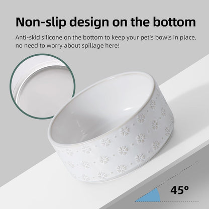 7.3inch Ceramic Raised Dog Bowl Set, Elevated with Acacia Wood Stand, Food and Water Bowl for Medium Breed Dogs, Weighted Dog Dishes, Pet Bowl(41OZ, Arctic White)