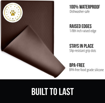 GORILLA GRIP 100% Waterproof Raised Edge BPA Free Silicone Pet Feeding Mat, Dog Cat Food Mats Contain Spills Protects Floors, Placemats for Cats and Dogs Water Bowl, Pets Accessories 32x24 Brown