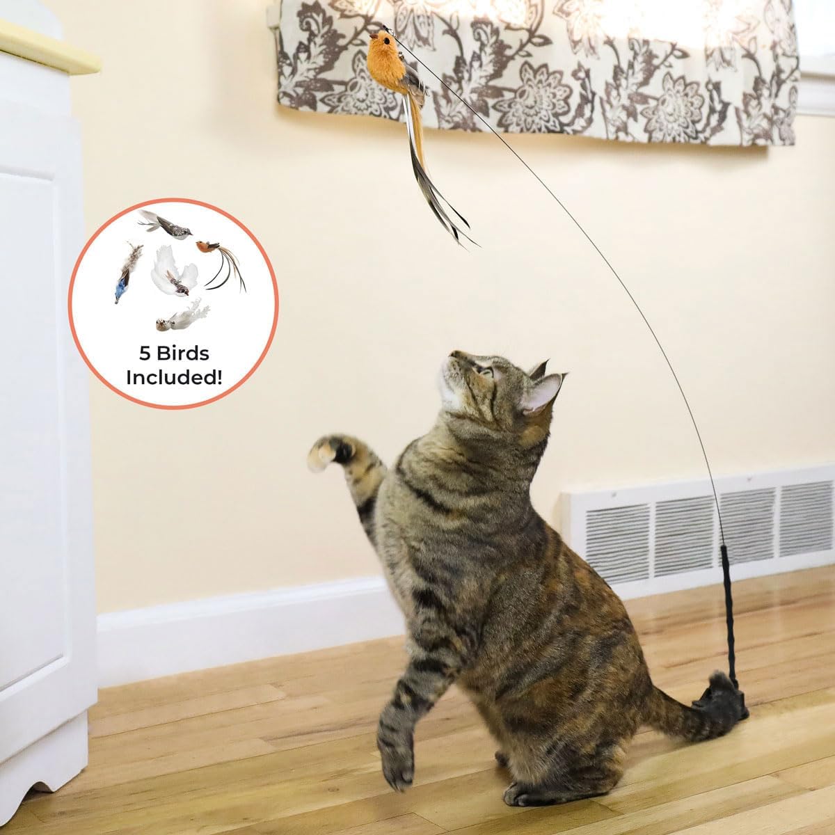Interactive Bird Simulation Cat Toy Set, Interactive Cat Toys for Indoor Cats, Cat Feather Toy, Self-Holding Suction Base, 5 Replacement Birds, Feathers & Bells, Realistic Bird Impression