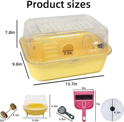 Hamiledyi Small Hamster Cage Clear Plastic Hamster Cage Portable Carrier with Water Bottle Exercise Wheel Bathtub Box Set Toy for Dwarf Baby Hamster (Yellow)