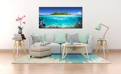 Tropical Island Coral Reef Landscape Canvas Wall Art for Living Room,Unique View Split Waterline Scenery,Beautiful Nature Summer Travel Scenic Picture Print Artwork Painting Decor,Inner Frame 30x60
