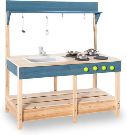 Mud Kitchen Playset for, Outdoor Wooden Toy Play Kitchen Set for Boys and Girls, Kitchen Accessories and Garden Sink with Faucet, Blackboard, Cookware Pot (Blue1)