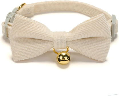 2 Pack Soft Corduroy Cat Collars with Bow Tie & Bell, Adjustable Breakaway Cotton Kitty Bowtie Collar for Female Male Cats(White & Grass Green)