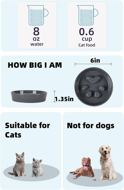 Slow Feeder Cat Bowls, Ceramic Fun Slow Eater Bowl for Cats (Grey)