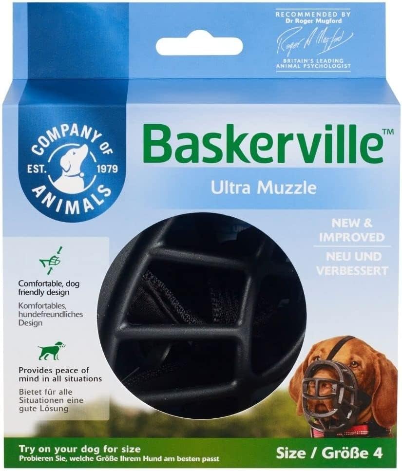 BASKERVILLE ULTRA MUZZLE - Patented Humane Design, Breathable, Dog can Pant and Drink, Adjustable, Padded, Training Muzzle for Medium-sized Dogs, Prevents Biting, Wildlife Scavenging (Size 3, Black)