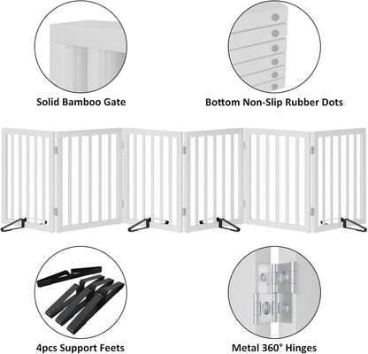 Wooden Dog Gate Freestanding Foldable 6 Panel Pet Gates Extra Wide Dog Gates for Indoor Doorways Stairs 24in Height Support Feet Included