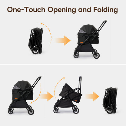 【One-Pull Open Ver.】 PETTENA One-Touch Foldable Dog Stroller for Small Dogs Cats up to 44 Lbs, Cat Stroller for 2 Cats, Large Space, Black