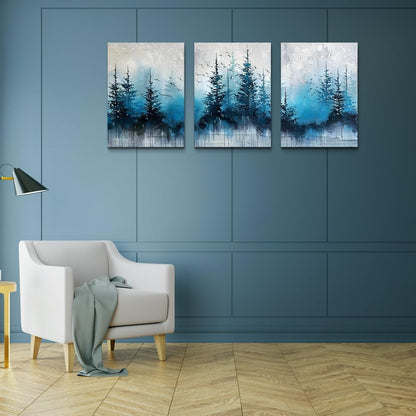 TTHYUEWS Boho Wall Art For Living Room Canvas Wall Decor For Bedroom Forest Landscape Wall Pictures Blue Tree Abstract Wall Paintings Artworks Ready To Hang Office Aesthetic Wall Decoration 3 Piece