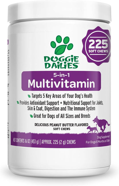Doggie Dailies 5 in 1 Multivitamin for Dogs, Dog Multivitamin for Skin and Coat Health, Joint Health, Improved Digestion, Antioxidants, Support a Healthy Immune System (Peanut Butter) 225 Soft Chews