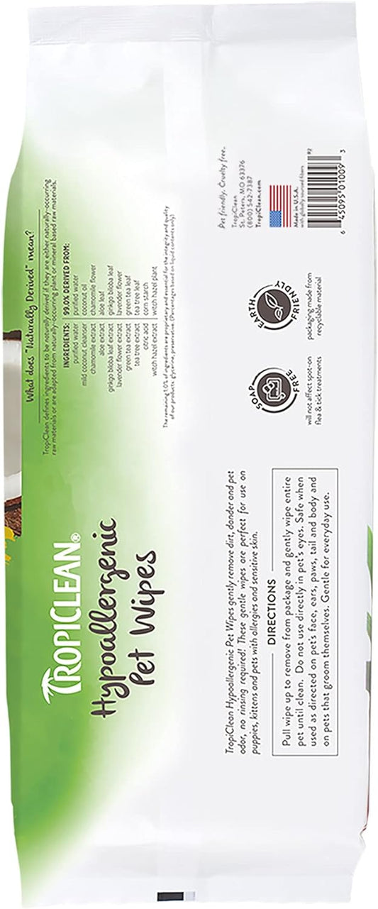TropiClean Hypoallergenic Cleaning Pet Wipes, 100ct - Wipes for Dogs, Cats, Puppies & Kittens with