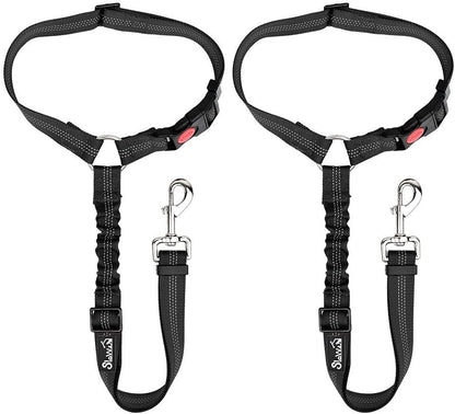 SlowTon Dog Seat Belt for Car, 2 Pack Dog Car Harness Seatbelt Adjustable with Elastic Bungee Buffer, 2 in 1 Pet Car Leash Headrest Restraint Dog Reflective Safety Tether (Black, Headrest)