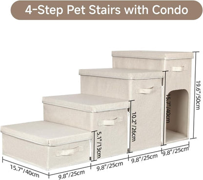 Dog Stairs with Storage, Folding Pet Steps with Zip for Small Dogs and Cats, 4-Step Pet Stairs with Pet House for High Bed, Couch and Car Ramp, Up to 200 Lbs (Beige, 4 Steps with Condo)