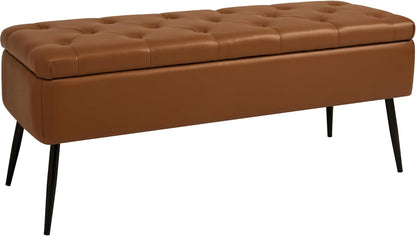 Leather Storage Ottoman Bench,End of Bed Bench for Living Room Bedroom Dinning Room Entryway,Mid-Century Modern,Faux Leather,with Steel Legs,Safety Hinges, Loads 660 lb (with Button, Brown)