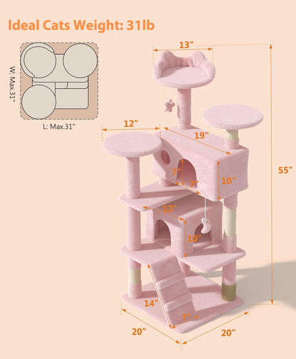 54" Cat tree Tower for Indoor Cats Large Adult,Cute/Tall Modern Cat Tree for Big Cats 20 lbs,Plush Multi-Level Cat Condo with Scratching Posts, Dangling Ball for fun play (Soft Pink, 54 inch)