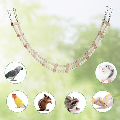 Long Bird Ladder with Wooden Rungs and Beads, Parakeet Climbing Swing Toys, Bird Cage Accessories, Wooden Climbing Bridge Toys for Parrots, Rat, Sugar Gliders, Squirrels, Snakes