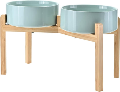 SPUNKYJUNKY Elevated Dog Bowls Ceramic, 8.3'' Dogs Food Water Bowls Raised with Non-Slip Bamboo Stand for Large Sized Breed Microwave Dishwasher Safe - 60 OZ,Light Green