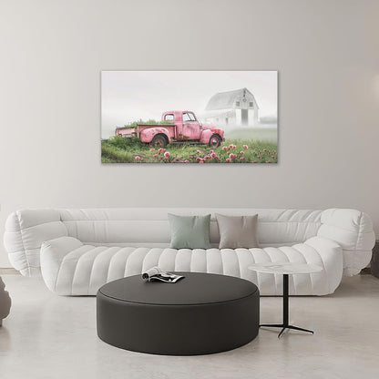 Large Rustic Farmhouse Pink Truck Wall Art for Living Room Country Barn Art Big Space Size Bedroom Office Framed Canvas Prints Pictures Painting Artwork Office Bedroom Home Decor 60"x30"