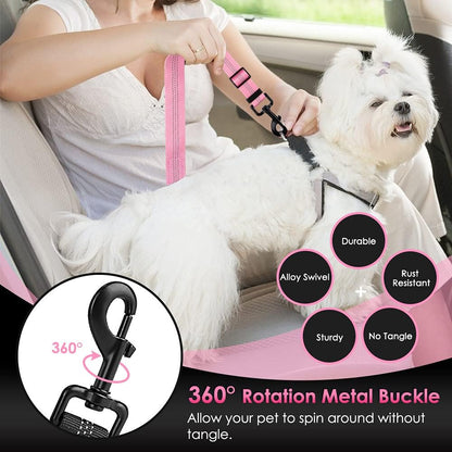 SlowTon Dog Seat Belt, Adjustable Dog Safety Belt Leash, 2 in 1 Latch Bar Attachment Dog Car Seatbelt with Elastic Nylon Bungee Buffer, Reflective Nylon Belt Tether Connect to Dog Harness (Pink)