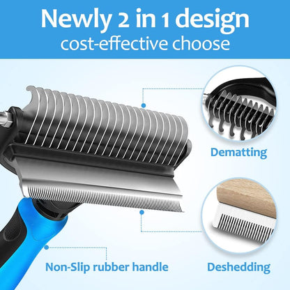 [ 2 in 1 design ] Undercoat Rake and Deshedding Tool for Dogs and Cats - Dematting Comb for Long Hair Pets, Grooming Brush to Clear Mats, Tangles and Reduce Shedding by 95%