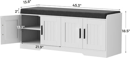 2-Tier Storage Bench, Shoe Bench with Thickened Padded Seat Cushion, Entryway Bench with 4 Doors, Adjustable Shelf, 13.8" D x 45.3" W x 18.5" H, for Entryway, Living Room, Bedroom, White