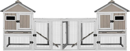 94''L Rabbit Hutch Outdoor Chicken Coop with Run, Wooden Indoor 2 Story Bunny House with Waterproof Roof, Pull Out Tray, Guinea Pig Rabbit Duck Cage for Small to Medium Animals and Pet Lover, Gray