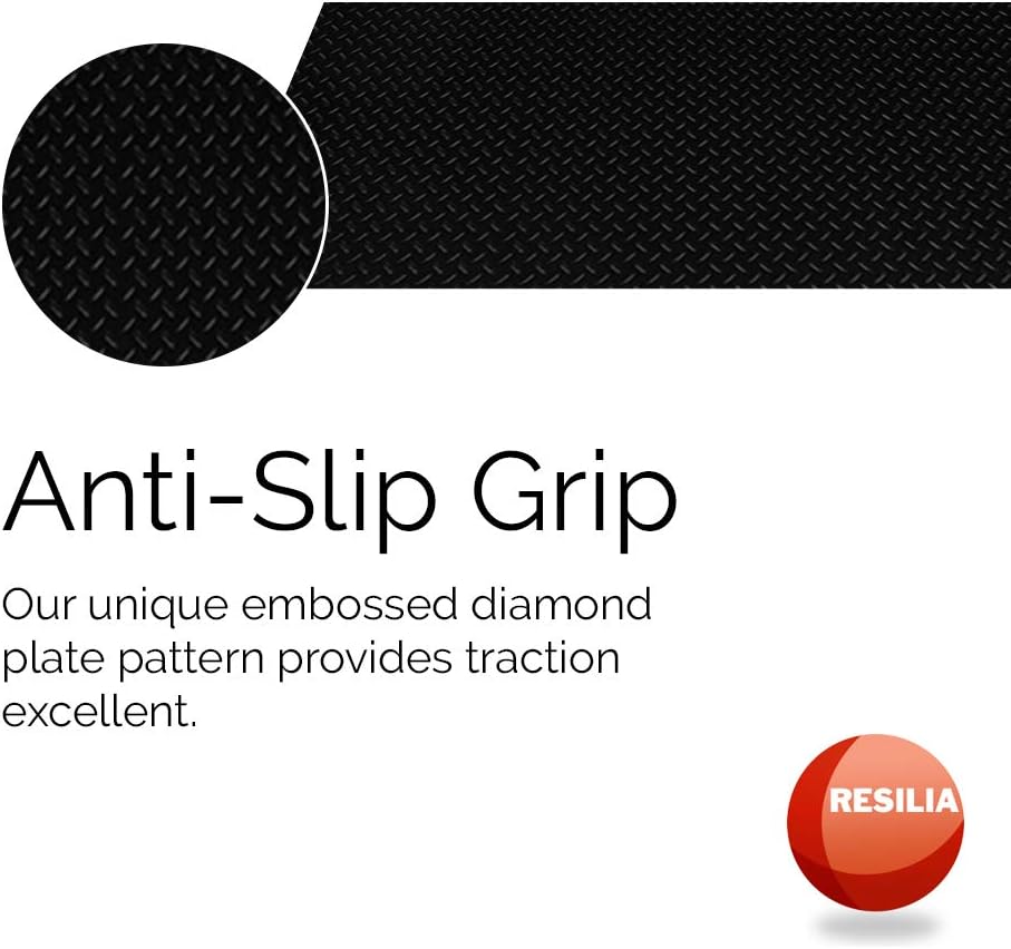RESILIA Heavy Duty Garage Floor Runner & Protector Mat - Slip Resistant Diamond Plate PVC Mats - Water, Spill, & Stain Resistant, Black (4 feet x 10 feet), Made in The USA