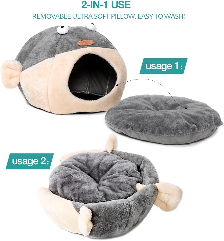 Cat Beds for Indoor Cats - Cat Bed Cave with Removable Washable Cushioned Pillow,2 in 1 Super Soft Animal-Shape Cat Tent for Kitten and Small cat, Lively Pufferfish cat beds & Furniture, Grey(M)