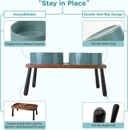 SPUNKYJUNKY Ceramic Elevated Dog Bowls Raised with Acacia Bamboo Wooden Stand, 8.3'' Dog Food Water Bowls Set Non-Slip for Medium Large Sized Breed Microwave Dishwasher Safe - 60 OZ,Dark Green