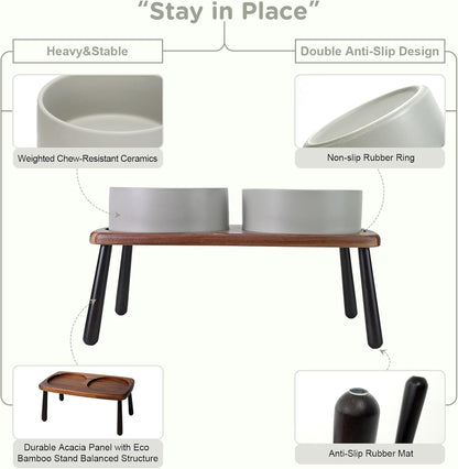 SPUNKYJUNKY Ceramic Elevated Dog Bowls Raised with Acacia Bamboo Wooden Stand, 8.3'' Dog Food Water Bowls Set Non-Slip for Medium Large Sized Breed Microwave Dishwasher Safe - 60 OZ,Grey