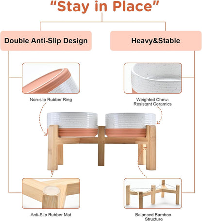 SPUNKYJUNKY Elevated Dog Bowls Ceramic, 6.1'' Dogs and Cat Food Water Bowls Raised with Non-Slip Bamboo Stand for Medium Sized Breed Microwave Dishwasher Safe - 28.7 OZ,Pattern White