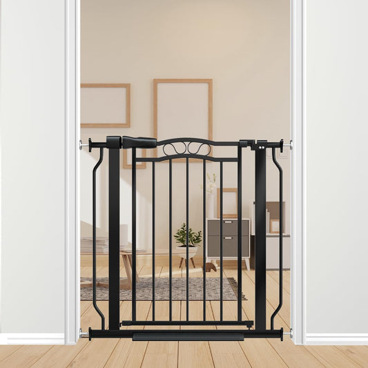 30" Tall Narrow Baby Gate for Doorways No Drill 29.5-33.8" Wide, Auto Close Press Mounted Baby Gate Indoor for Kids, Walk Through Pet Gates for Stairs, Black