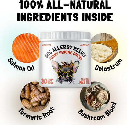 Allergy Relief Chews for Dogs & Immune & Digestive Supplement with Wild Salmon Oil Kelp Colostrum Turmeric Probiotics & Bee Pollen for Seasonal Allergies Anti Itch, Skin Hot Spots 30 Soft Treats