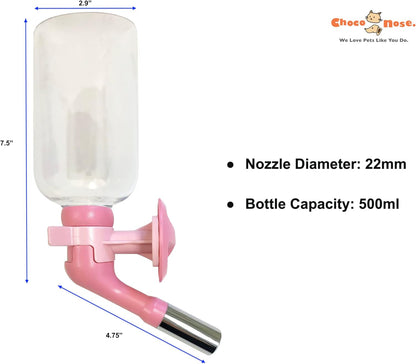 Choco Nose Patented No-Drip Water Bottle/Feeder for Large Dogs Over 50 lbs - Wire Cages, Crates or Kennels. 16 oz. X-Large Nozzle 22mm, Pink