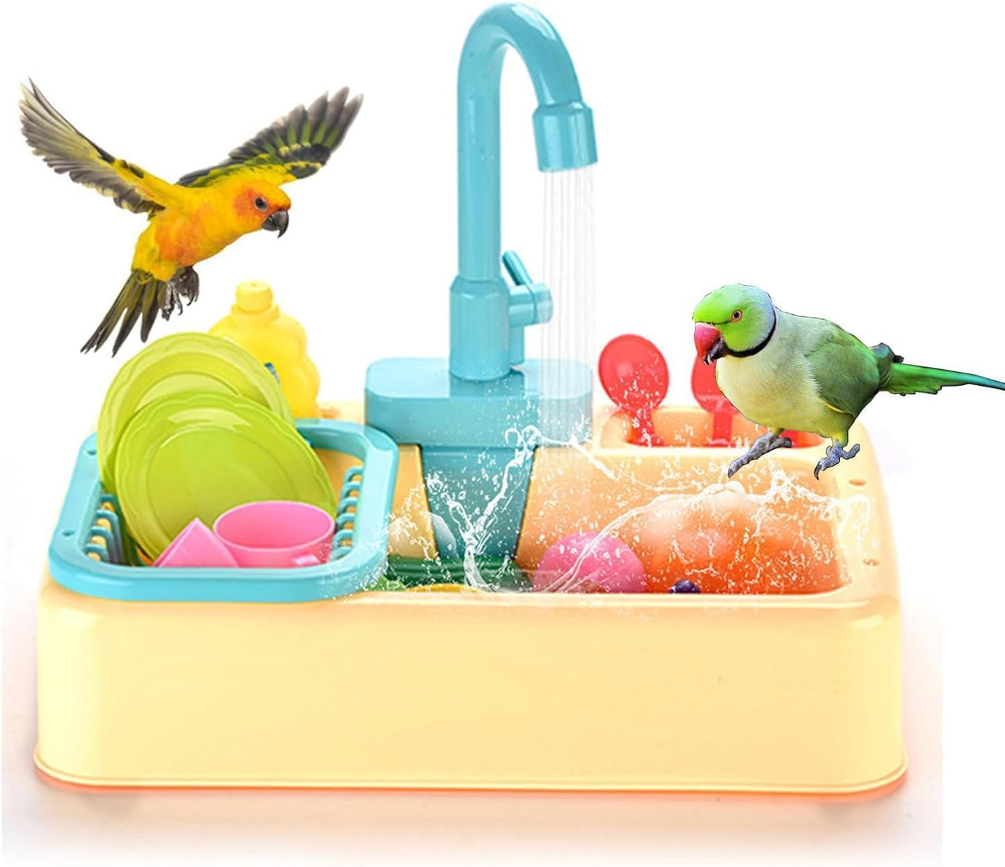 Parrot Bird Bathtub Shower Box Bathing Tub Container Cage, Automatic Pet Bird Bath Pool with Faucet, Ferret Bathtub Swimming Pool Toy Bath Shower Water Dispenser for Small Medium Parakeet Cleaning