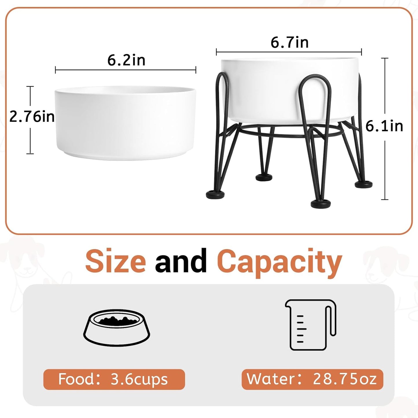 Elevated Dog Bowls, Ceramic Raised Dog Bowl Set with Anti-Slip and Non-Tip Metal Stand, 2 Pack Pet Food and Water Feeding Bowls for Small and Medium Dogs (White,3.6 Cups)