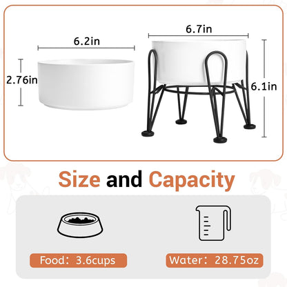 Elevated Dog Bowls, Ceramic Raised Dog Bowl Set with Anti-Slip and Non-Tip Metal Stand, 2 Pack Pet Food and Water Feeding Bowls for Small and Medium Dogs (White,3.6 Cups)