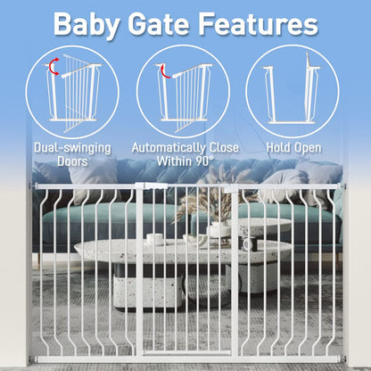 WAOWAO Extra Tall 40.55" Baby Gate 29.92-63.38" Wide Pressure Mounted Walk Through Swing Auto Close Safety White Metal Toddler Child Dog Pet for Indoor Stairs,Doorways,Kitche