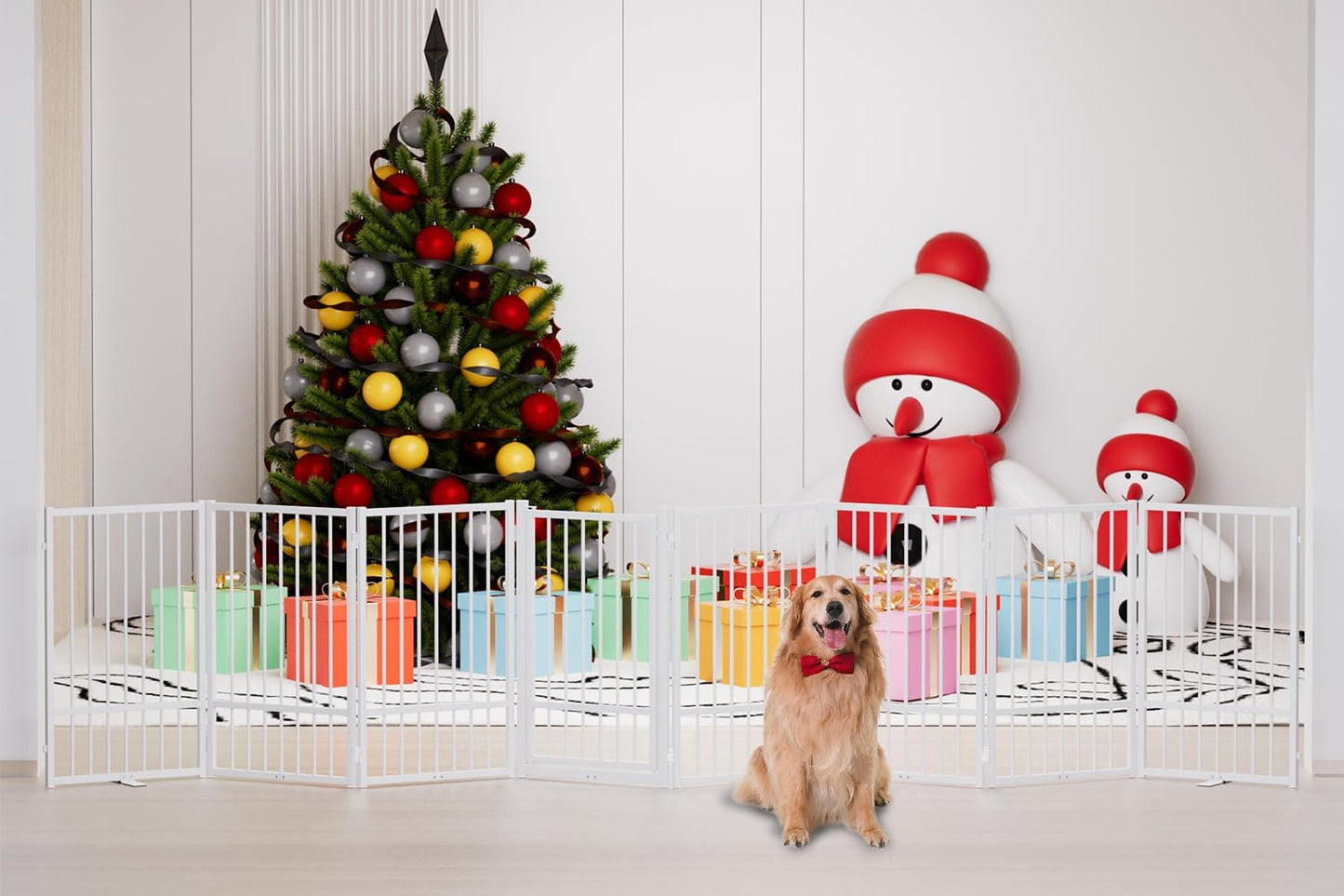 Full Metal Freestanding Dog Gate with Door, 32''Height Foldable Pet Dog Fence for Indoor & Outdoor, 8 Panels Extra Wide Free Standing TallDog Gates for Doorways,House,Stairs,Porch,Deck,Yard