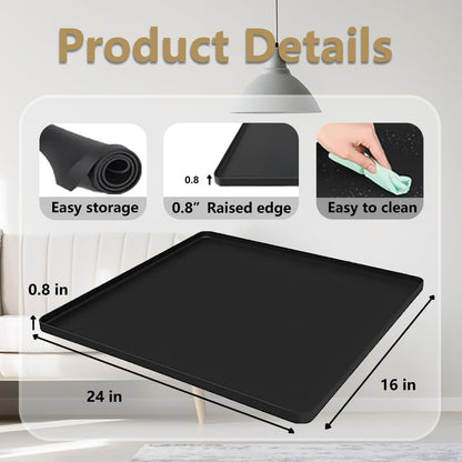 Waterproof Silicone Mat with Raised Edges 24x16 Inch, Water Cooler Mat & Countertop Protector for Hardwood Floors, Non-Slip Kitchen Appliance Pad for Pets Cats Dogs Feeding Bowls, Easy to Clean（Black）