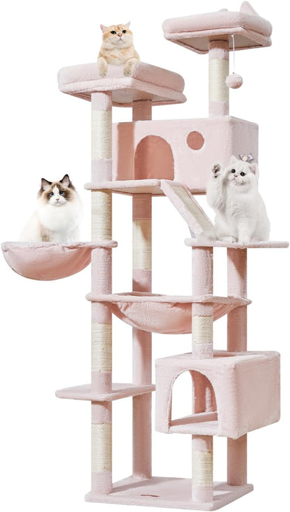 Taoqimiao Cat Tree 71-Inch, Cat Tower for Indoor Cats Large Adult, Multi-Level Large Cat Condo, 8 Sisal Scratching Posts, Metal Frame Cozy Hammock, Scratch Board, 2 Top Perches, Jelly Pink MS026LP