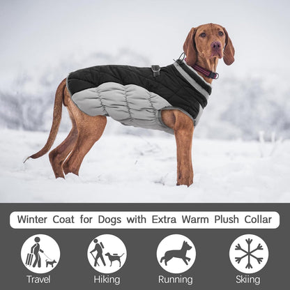 FUAMEY Dog Coat for Large Dogs,Waterproof Dog Winter Jacket with Harness Built in Puppy Cold Weather Coats Reflective Pet Vest with Zipper Warm Fleece Dogs Snowsuit Windproof Black XL